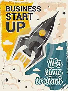 Vintage startup poster. Business launch concept with rocket or space shuttle start vector placard in retro style