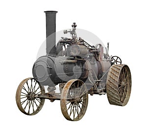 Vintage steam engine tractor isolated.