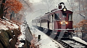 Vintage steam locomotive chugging through snow-covered forests on railway tracks