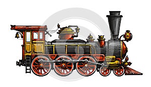 Vintage steam locomotive. Drawn ancient train, transport. Vector illustration