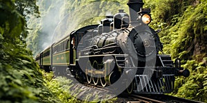Vintage steam locomotive exiting a tunnel into a lush mountain landscape evoking travel and adventure from a bygone era