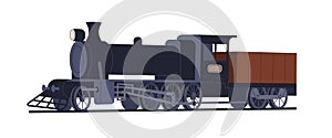 Vintage steam locomotive. Old 19th century train, classic retro railroad transport. Historical ancient victorian railway