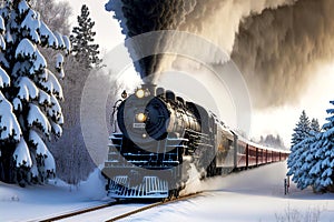 Vintage steam locomotive with Polar Express Train rides on winter rails and smokes