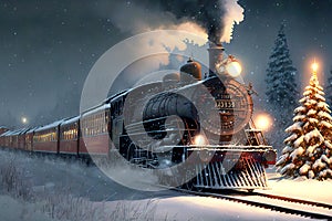 Vintage steam locomotive with Polar Express Train rides on winter rails and smokes