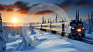 Vintage steam locomotive pulling train in scenic winter landscape under bright sunlight