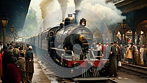 Vintage steam locomotive at the railway station, Kolkata, India, A bustling railway station in India with a steam engine pulling