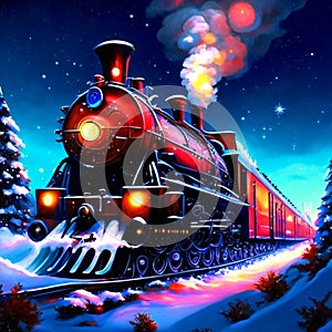 Vintage steam locomotive in winter landscape - illustration for children. Generative AI