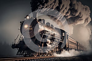 Vintage steam train with ancient locomotive and old carriages at Nigh, Generative AI