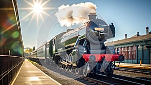 Vintage steam train with ancient locomotive and old carriages on railway on the