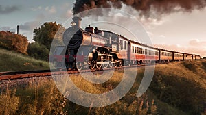 Vintage steam train with ancient locomotive and old carriages runs on the tracks in the countryside. Generative Ai