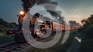 Vintage steam train with ancient locomotive and old carriages runs on the tracks in the countryside. Generative Ai