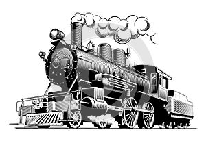 Vintage steam train locomotive, engraving style vector illustrat photo