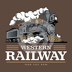 Vintage steam train locomotive, engraving style vector illustration. Logo design template
