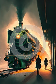 Vintage steam train locomotive, in train station. Beautiful vintage theme image. Generative Ai