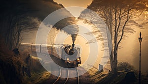 Vintage steam train in the misty forest at sunset. Retro style. Generative AI