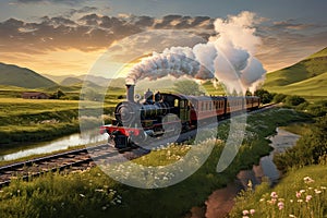 Vintage steam train in the mountains at sunset. 3d render, AI Generated