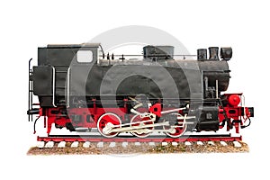 Vintage steam train on the rails close-up isolated on white background, retro vehicle, steam