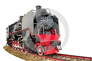 Vintage steam train on the rails close-up isolated on white background, retro vehicle, steam engine