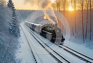 Vintage steam train on the railway in the winter forest at sunset