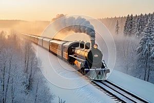 Vintage steam train on the railway in the winter forest at sunset