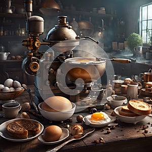 Vintage steampunk breakfast making machine created with AI generative tools