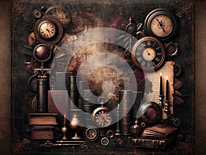 vintage steampunk dark background with clock, books and candles
