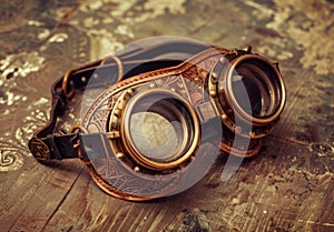 Vintage steampunk goggles on wooden background