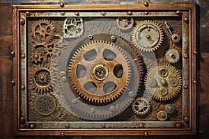 Vintage steampunk sign on canvas background with cogs and gears. Generative AI