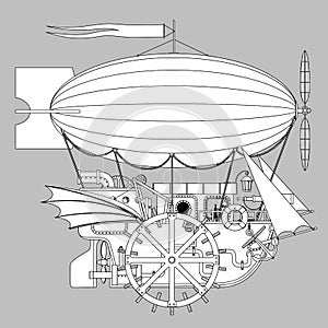 Vintage Steampunk template with a complex fantastic flying ship