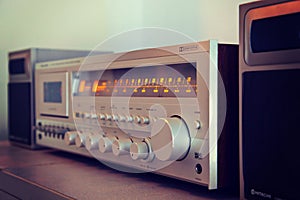 Vintage stereo cassette tape deck player receiver front panel an