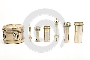 Vintage sterilisation container on white background
