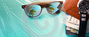 vintage stile concept vacation and Adventure summer travel banner. Happy holidays on tropical sea beach. Passport, air ticketss