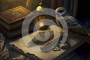 Vintage Still-life with Ancient books, Manuscript, Antique Ink Pen, Oil Lamp, an Owl and Ornate jewelry on a Rustic Wooden Table