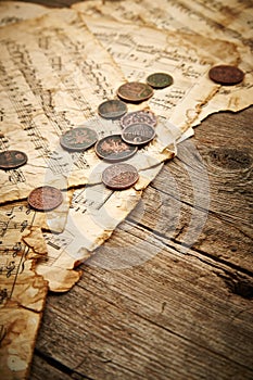 Vintage still life with ancient coins