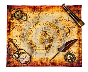 Vintage still life. Ancient world map isolated on white.
