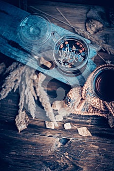 Vintage still life details, cup of coffee,paper note and pencil