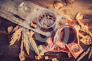 Vintage still life details, cup of coffee,paper note and pencil