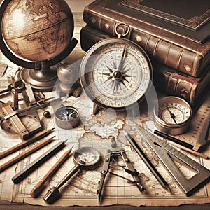 A vintage still life featuring a compass, globe, and map on a table surrounded by books and drafting tools.
