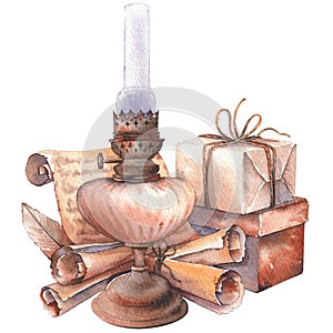Vintage still life with oil lamp and parchment paper scrolls.