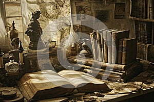 Vintage still life with old books, candlesticks and a statue, antique
