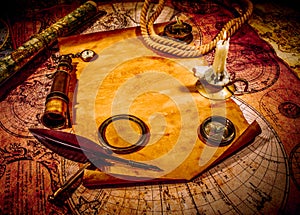 Vintage still life. Vintage items on ancient map.