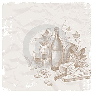 Vintage still life with wine and foods