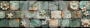 Vintage Stoneware Tiles with Beige, Green & White Flowers on Shabby Concrete Wall Texture Background