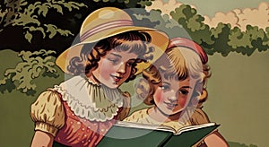 Vintage storybook illustration of two girls reading a book: