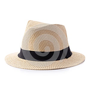 Vintage Straw hat with black ribbon for man isolated over white background