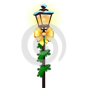 Vintage street lamp decorated with golden ribbon bow isolated on white background. Sample of poster, party holiday