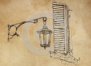 Vintage street lamp and wooden window on old paper background. Hand drawn illustration.