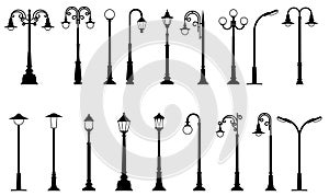 Vintage street light posts set, old street lamp posts, sidewalk lantern