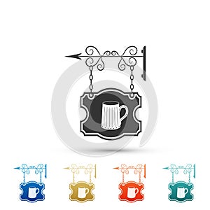 Vintage street signboard hanging on forged brackets with wooden mug of beer icon isolated on white background. Suitable