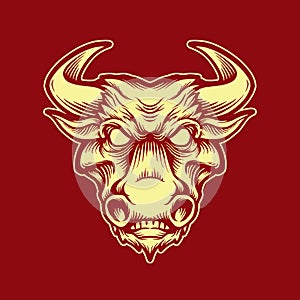 Vintage strong red bull head on red background isolated vector illustration